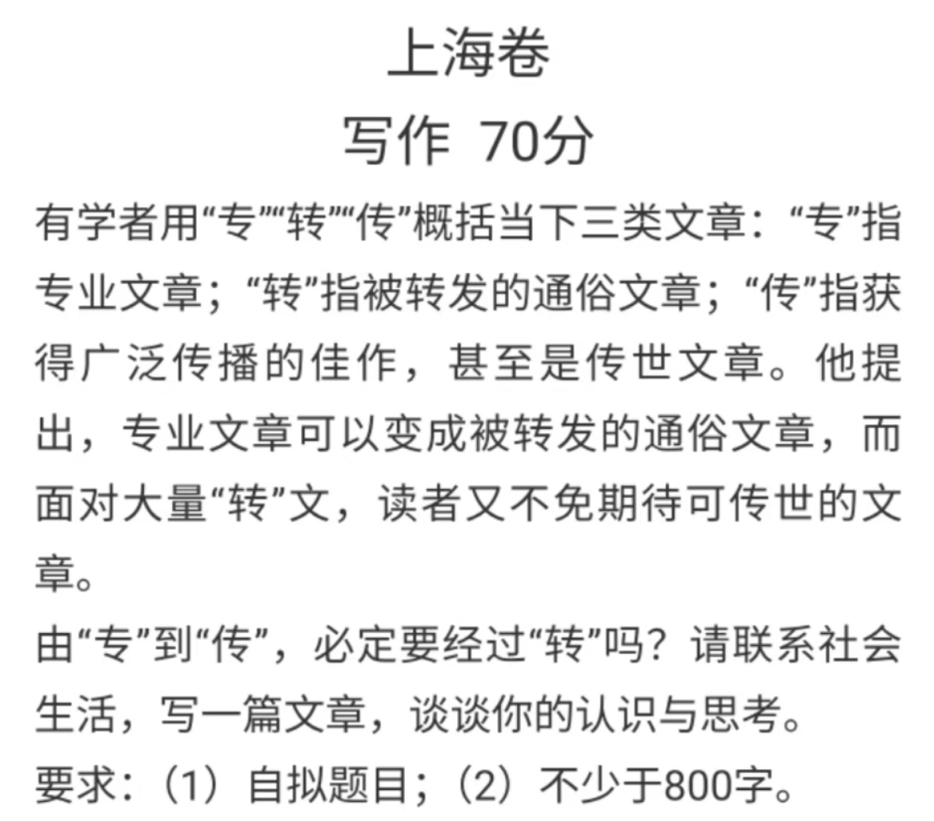 今年上海高考作文有点难？听中文系教授怎么说“专、转、传”